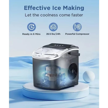 Ice Maker Countertop, Portable Machine with Self-Cleaning, 26.5Lbs/24Hrs, 9 Bullet Ice Cubes in 6 Mins, Basket